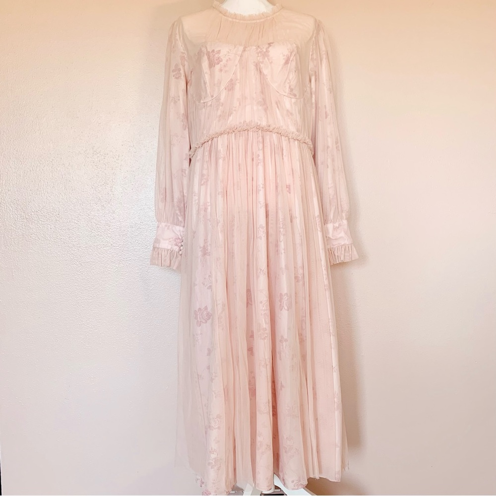 Ivy City Co Pink /Blush Floral Tulle Long Sleeves Ruffle Maxi Dress.